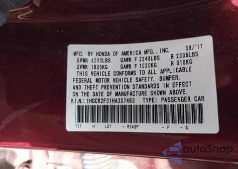 2017 Honda Accord Lx из США, поврежденный, VIN 1HGCR2F31HA307460